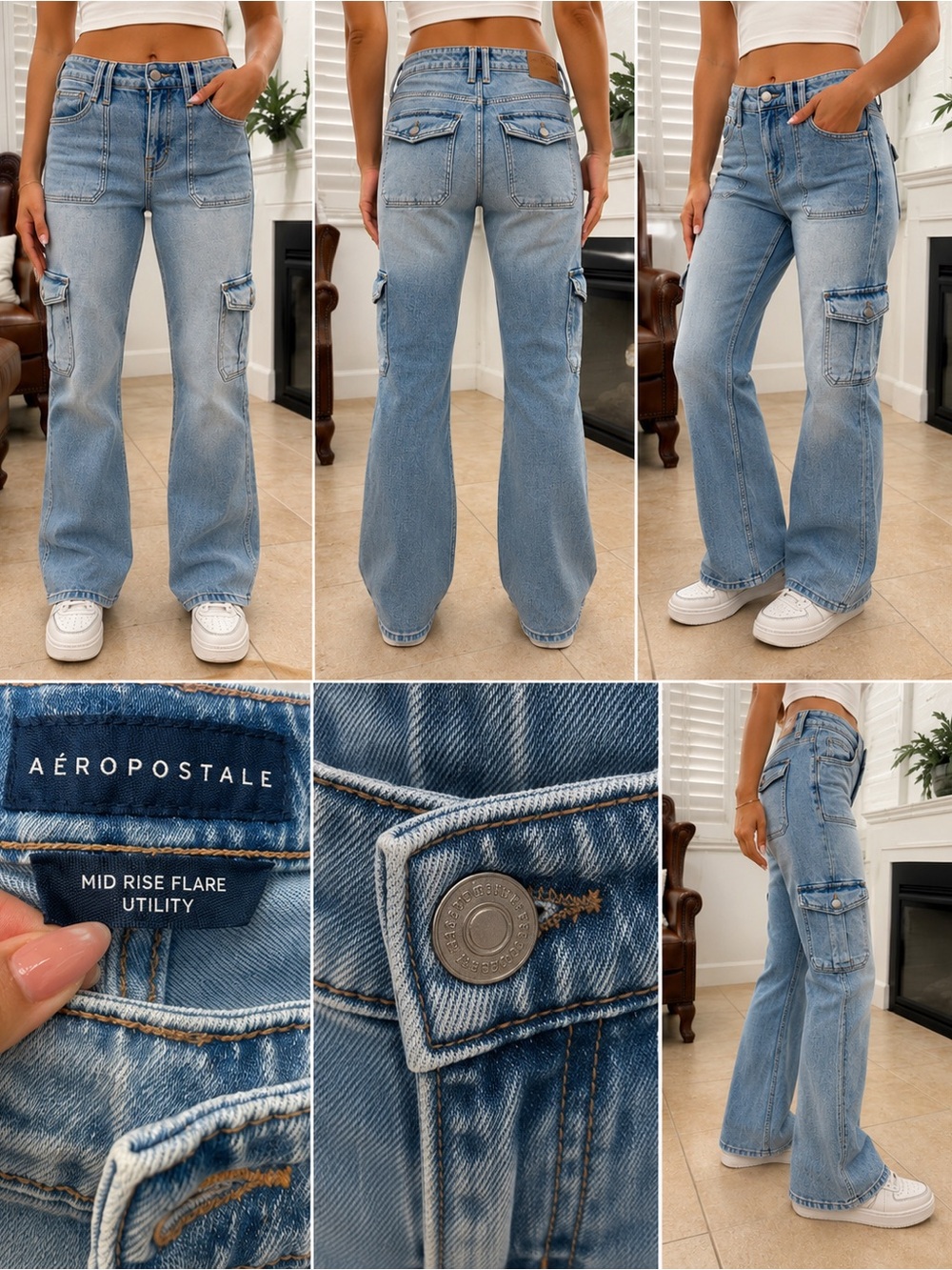 Aeropostale Light Blue Mid-Rise Flare Cargo Jeans